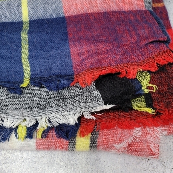 Red Navy Blue Yellow White Plaid Blanket Scarf with Fringe - Picture 3 of 3